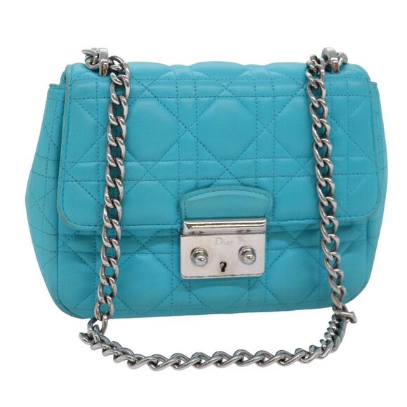 DIOR Chain Canage Shoulder Bag Leather Blue - Picture 1 of 13